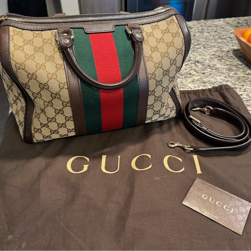 Gucci Beige and Brown Satchel with Red and Green Stripe